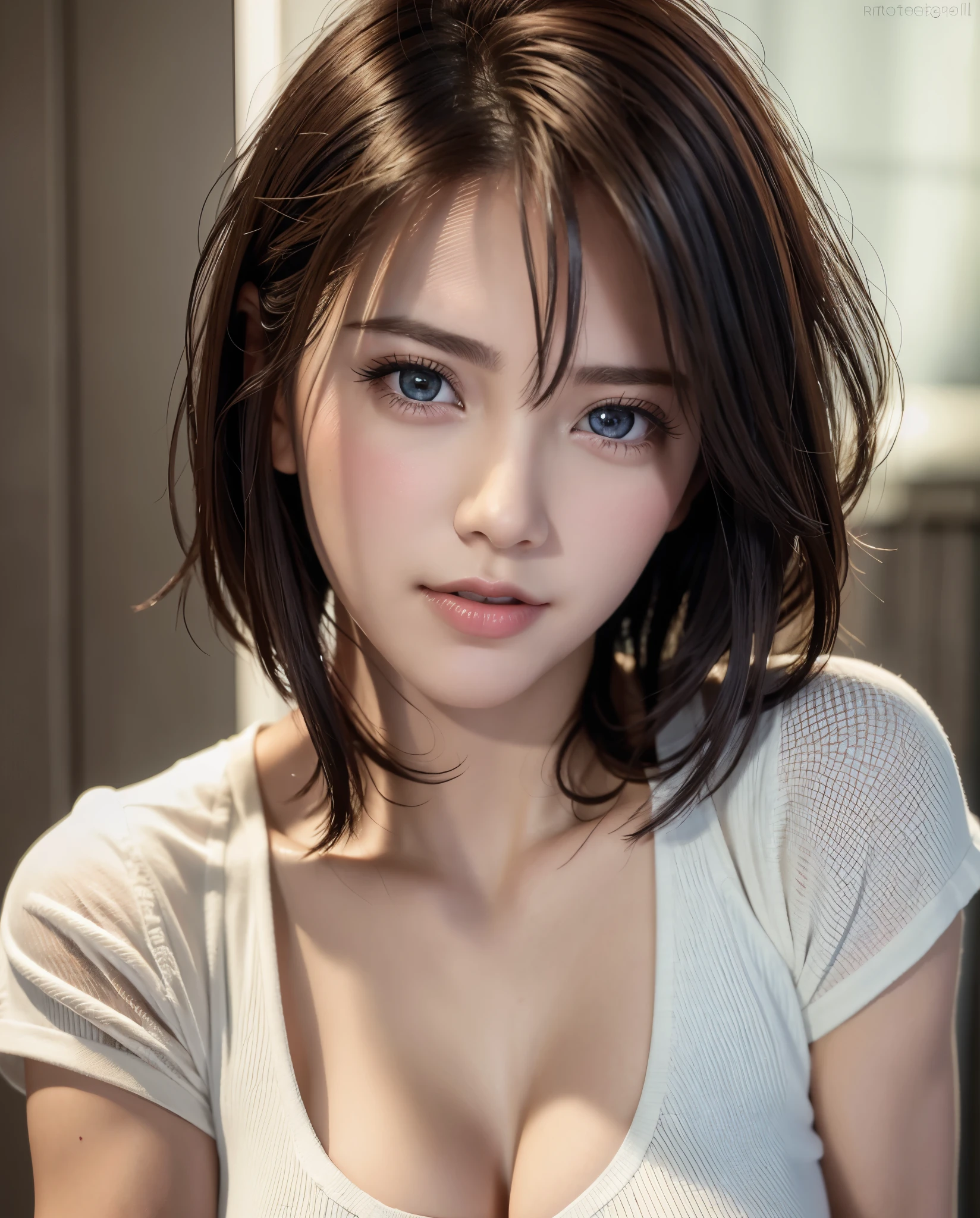 Top quality, ultra high resolution, (photorealistic: 1.4), beautiful eyes, super beautiful, short hair, beautiful breasts, lover, t-shirt with rough chest, eyes inviting viewer, lover's eyes, inviting facial expressions, sexy smile, perfect style, perfect balance, detailed skin, naughty eyes, chest visible