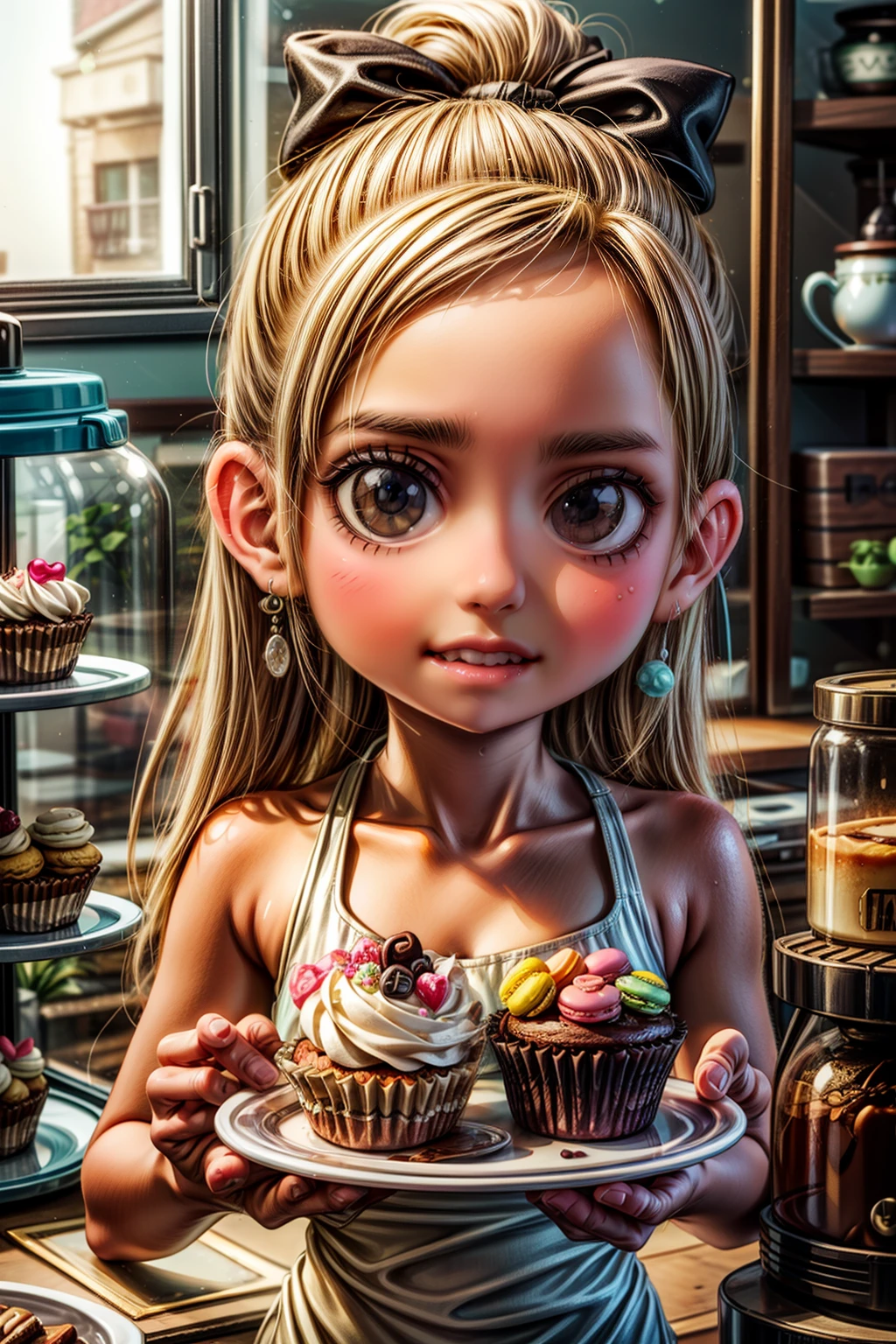 masterpiece, highly detailed, (chibi:1.3), , (1girl), blonde hair, pastel colors, cozy atmosphere, dessert display case, macarons, cupcakes, tarts, cakes, coffee machine, chalkboard menu, natural lighting, glass jars filled with candy, frosted window panes, decorative plates, whimsical decor, 
