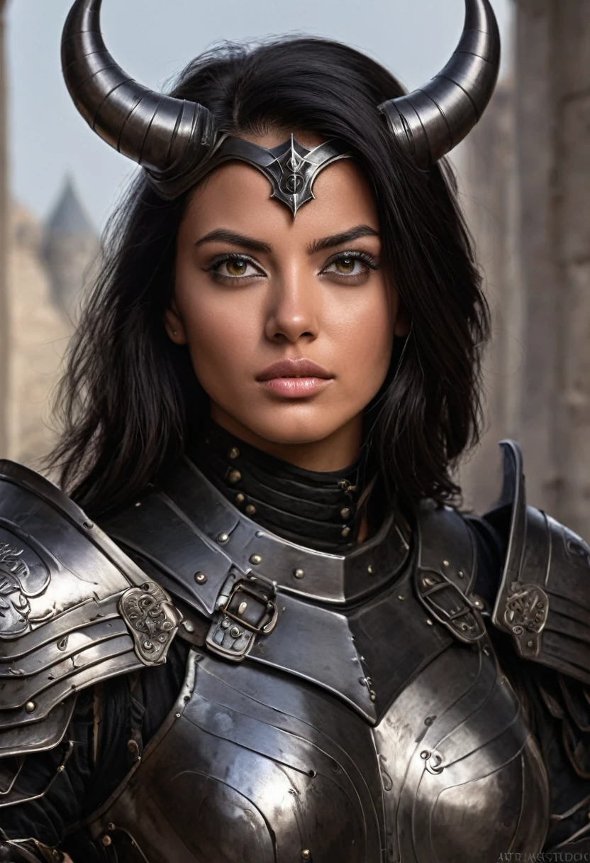 a portrait of a beautiful human woman in her early 20s, bright violet eyes and long black horns, wolf cut black hair, tan skin, angular features, wearing fine medieval black armor, character portrait by senior character artist, Artstation, fantasy art, stunning character art, fantasy concept art portrait, epic exquisite character art, character portrait art, fantasy character portrait, fantasy female portrait, character concept art portrait, character art portrait, beautiful woman, (muted natural colors: 1.3), 1 critical role, human ears, muscular, bright yellow eyes, wearing fine medieval black armor, evil female sorcerer, bright violet eyes