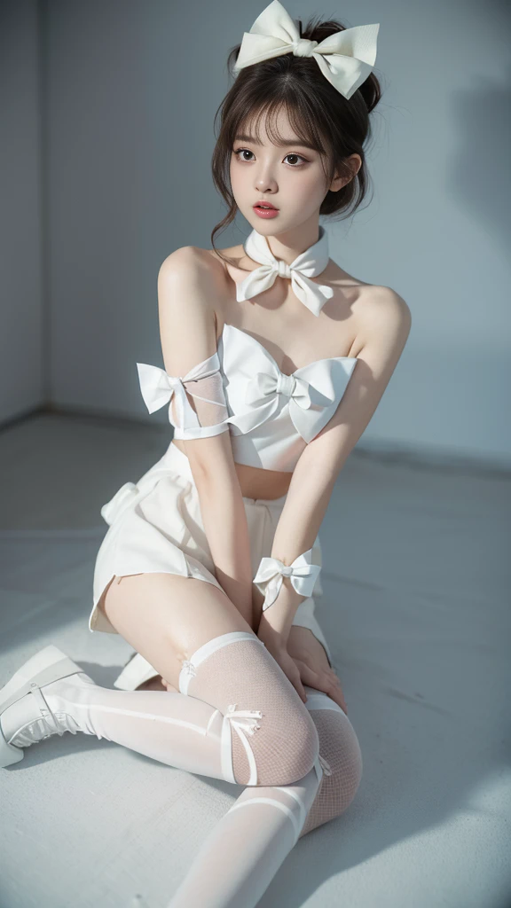The body is completely normal.,girl, short skirt,white platform boots，Platform Apartment,((white stockings)),((Masterpiece, best quality, High resolution)), Very detailed 8K, beautiful girl with , (Hyper HD, Very fine, เนื้อหามีรายVery fine, Very realistic, Surreal, Live photos), (1 woman，bow:1.5), (realistic brown), short hair details,bow,Hair pins, (Dynamic camera poses,, Beautiful and delicate face，slightly open, beautiful eyes),, glow,