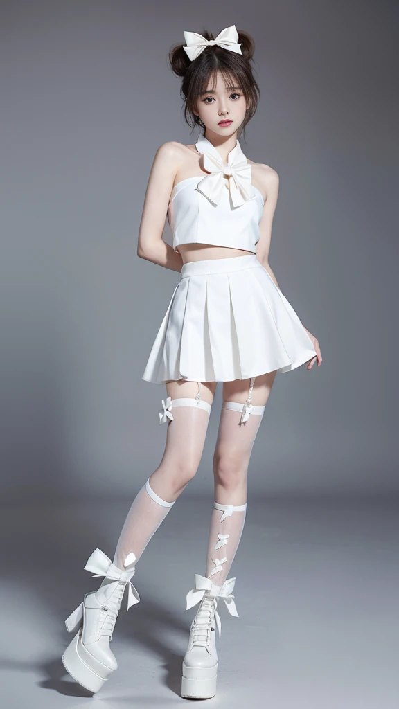 The body is completely normal.,girl, short skirt,white platform boots，platform shoes,((white stockings)),((Masterpiece, best quality, High resolution)), 8K ที่Very detailed, beautiful girl with , (Hyper HD, Very detailed, เนื้อหามีรายVery detailed, Very realistic, Surreal, Live photos), (1 woman，Bow knot:1.5), (realistic brown), short hair details,Bow knot,Hair pins, (Dynamic camera poses,, Beautiful and delicate face，slightly open, beautiful eyes),, glow,