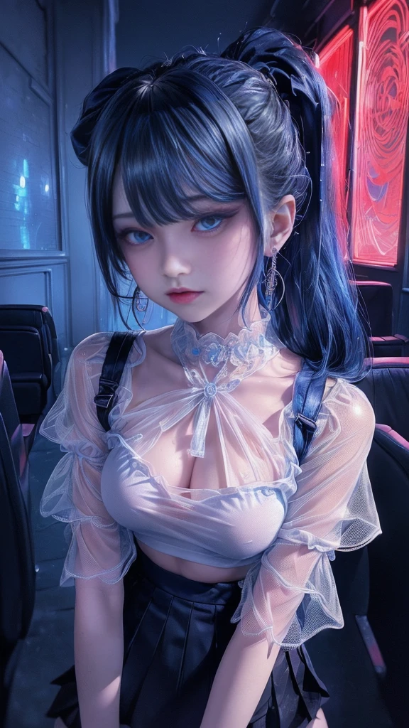 top-quality、Top image quality、masterpiece、girl with((18year old、Best Bust、Medium bust、Bust 85,Beautiful blue eyes、Breasts wide open,Black Short Sleeve T-Shirt、White see-through、Black short skirt、Ponytail with black hair、grin、Fashionable bags、Beautiful blue earrings、emphasis on the buttocks、A slender、Height 175cm,posterior view、Leaning forward、Blue hair mesh))hiquality、Beautiful Art、Background with((Inside the cinema、Red and blue lighting)),masutepiece、Elaborate design、visualart、depth of fields、The best lighting、highestdetailed、