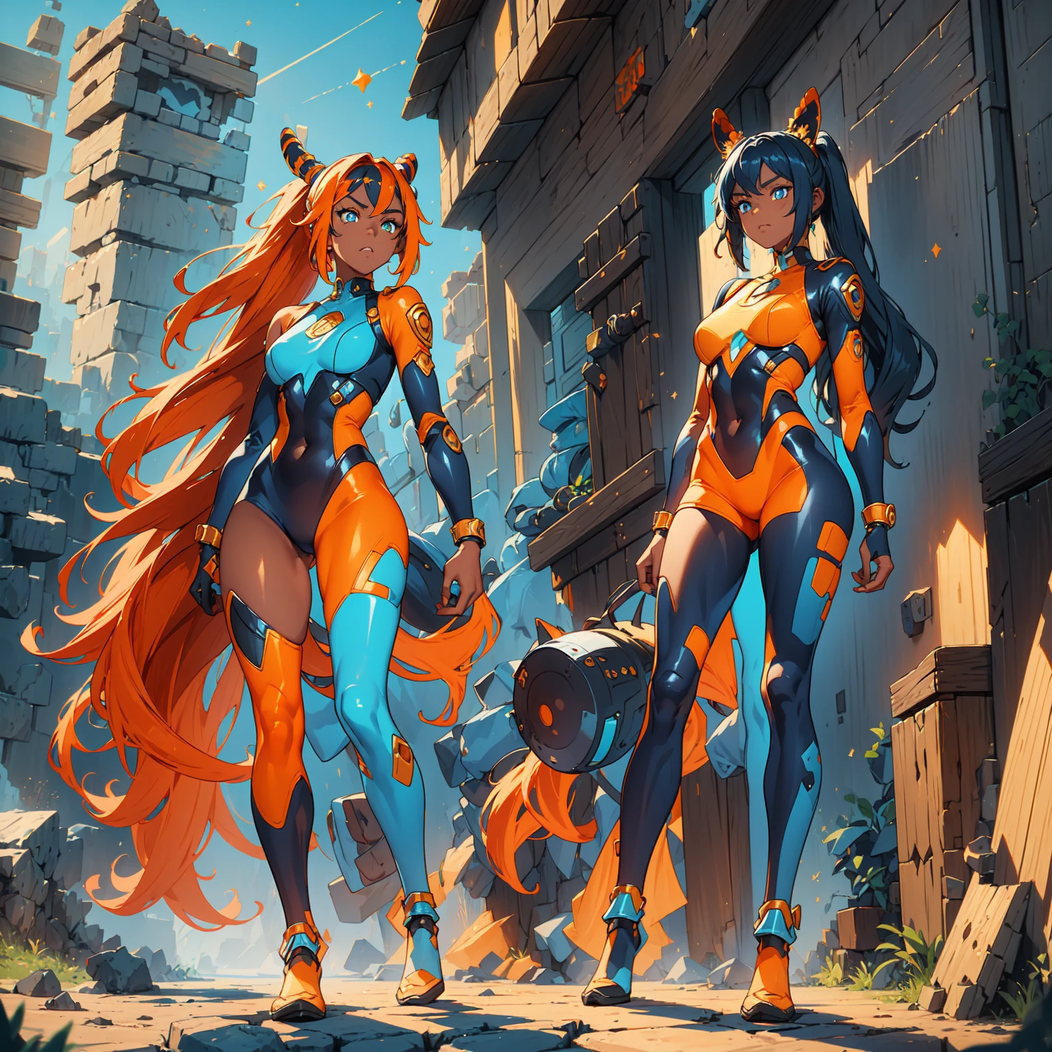 (((one caracter))), female, (((darkskin)))), Black hair with ponytail, clear blue eyes, Round glasses with a small dark lens, this lens being orange, and the Light Blue frame, (((Black metallic gauntlets and greaves with orange and silver highlights)), (((The clothes have a mix of modern and tribal)))), Having mainly black color, but having orange pieces, Shoulders on display, On the Hip one Shorts extending to Half Thigh in black.