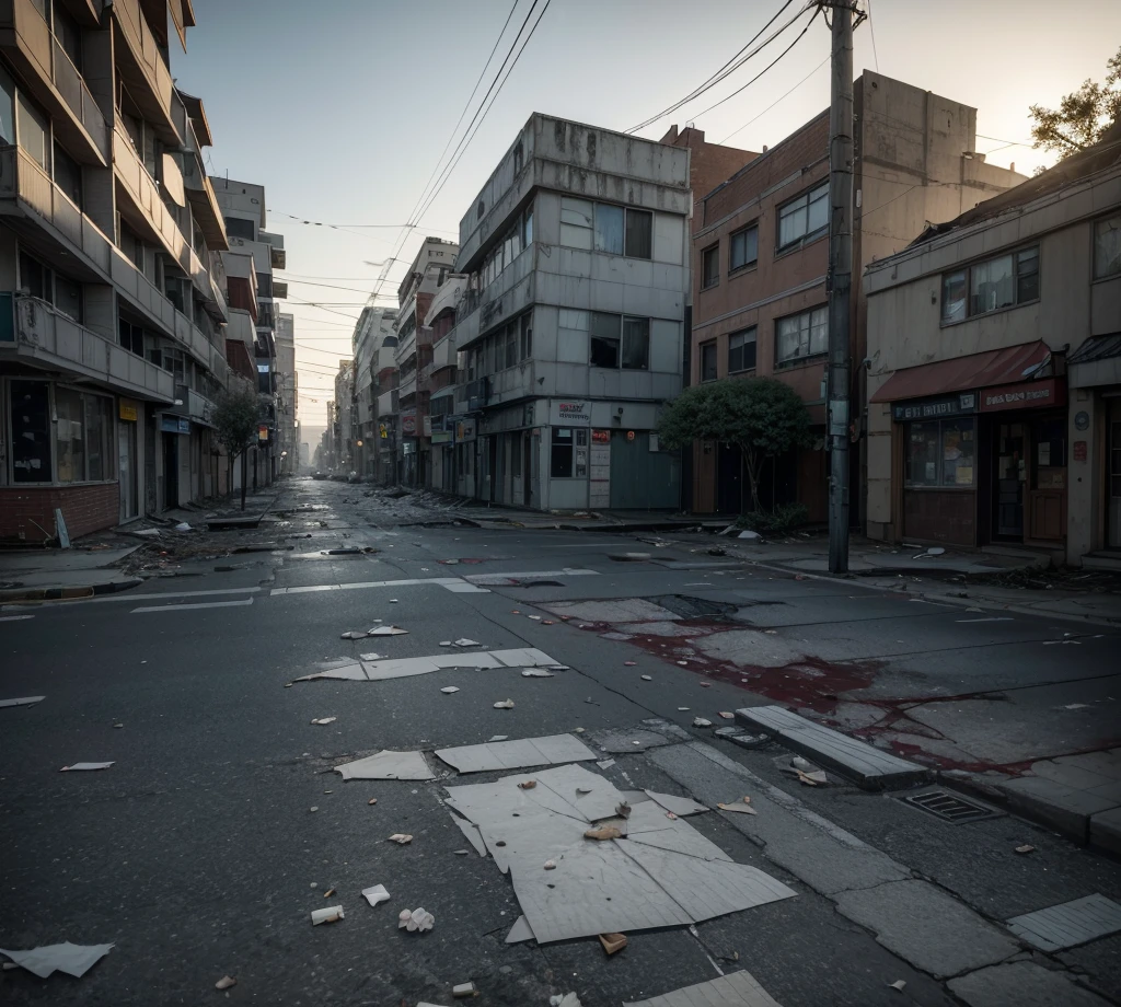((best qualityer)), (detailded), a central avenue in the center of the image, on the sides tall, modern buildings on the left and right, with some smaller and older houses. On the sidewalks, scattered urban trees, some dry leaves lying around. The avenue is deserted of vehicles, but light skinned zombies, with torn clothes and unkempt appearance, walk slowly down the street and sidewalks. Some zombies approach broken doors and windows of buildings and houses, conveying a climate of abandonment and desolation. The floor is covered in pieces of paper, urban trash and blood stains. The scene is illuminated by a diffused light, like a cloudy day, accentuating the somber mood.