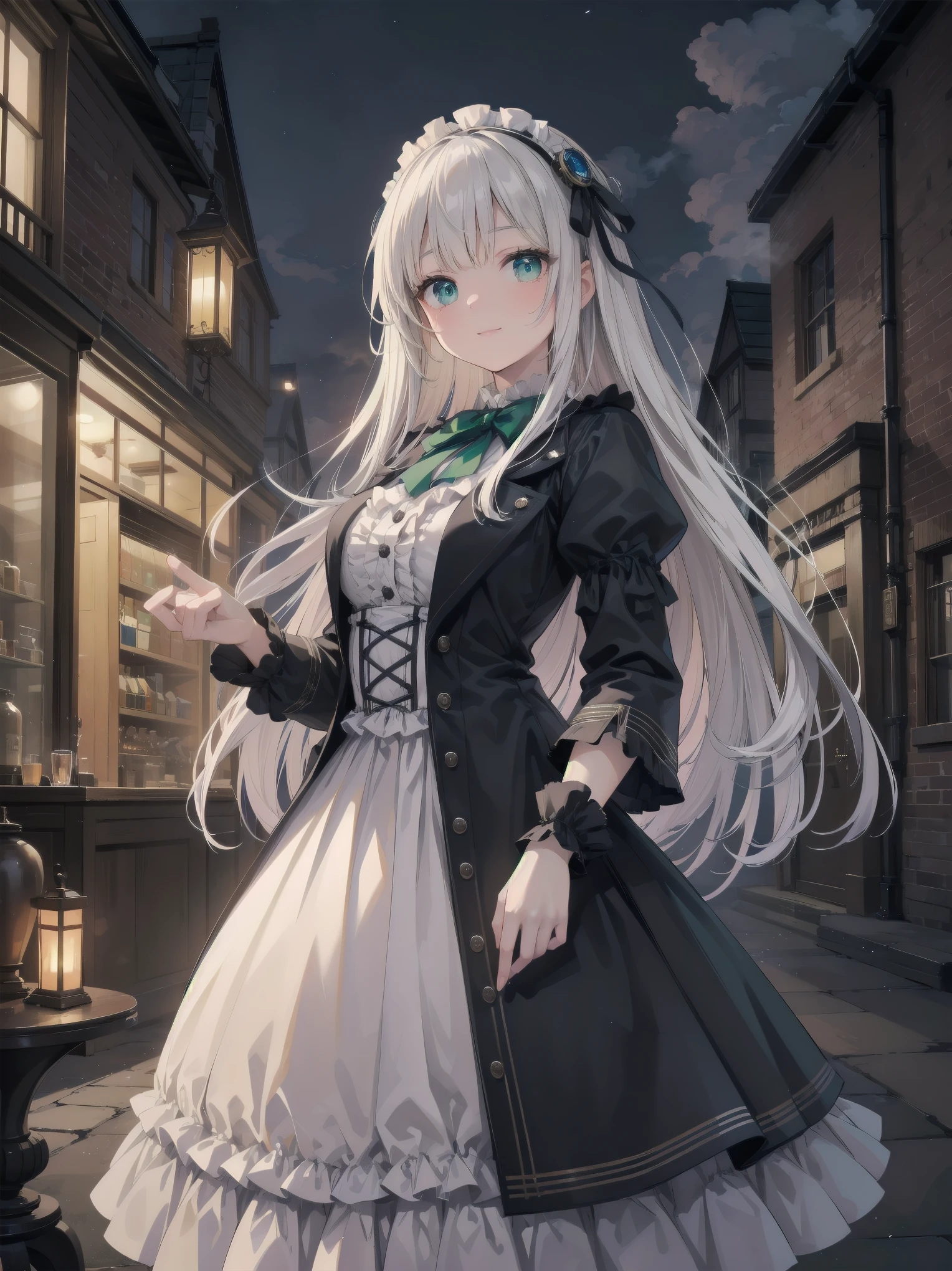 (Highest quality、16K、masterpiece、Ultra-high resolution、Victorian era、Photorealistic:1.2)、A delicate ta girl, aged 13, stands on a castle balcony at dusk, surrounded by the city's skyline and steampunk contraptions. Her platinum hair is messy, framing her androgynous charm. She wears a flowing white dress with a light green tie and holds a pocket watch in hand. A subtle smile plays on her lips as she gazes out at the night view, her eyes shining like sapphires. The air is filled with steam spewing from pipes, adding to the surreal atmosphere. Her skin glows with an ultra-dense texture, and her fingers are full and detailed.