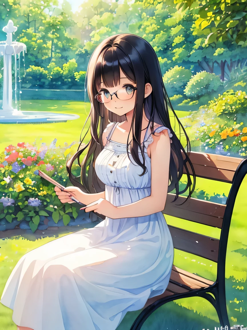 ((Masterpiece)), ((top quality)), very detailed, animated style illustration, (watercolor pencil), 1girl, cute girl, solo, upper body, upper body focus, white sundress, (beautiful eyes), beautiful black hair, long hair, slim, slender, glasses, medium breast, sketching, beautiful girl, holding pencil, holding sketchbook, sketching, Western garden, dappled sunlight, early summer, sundress, sitting on bench, flowers, trees, fountain, detailed background, serene, peaceful, park, traditional art, drawing, outdoor, day, scenic, picturesque, beauty, young woman, artistic, creative, lush garden, vibrant colors, intricate details, fine art.