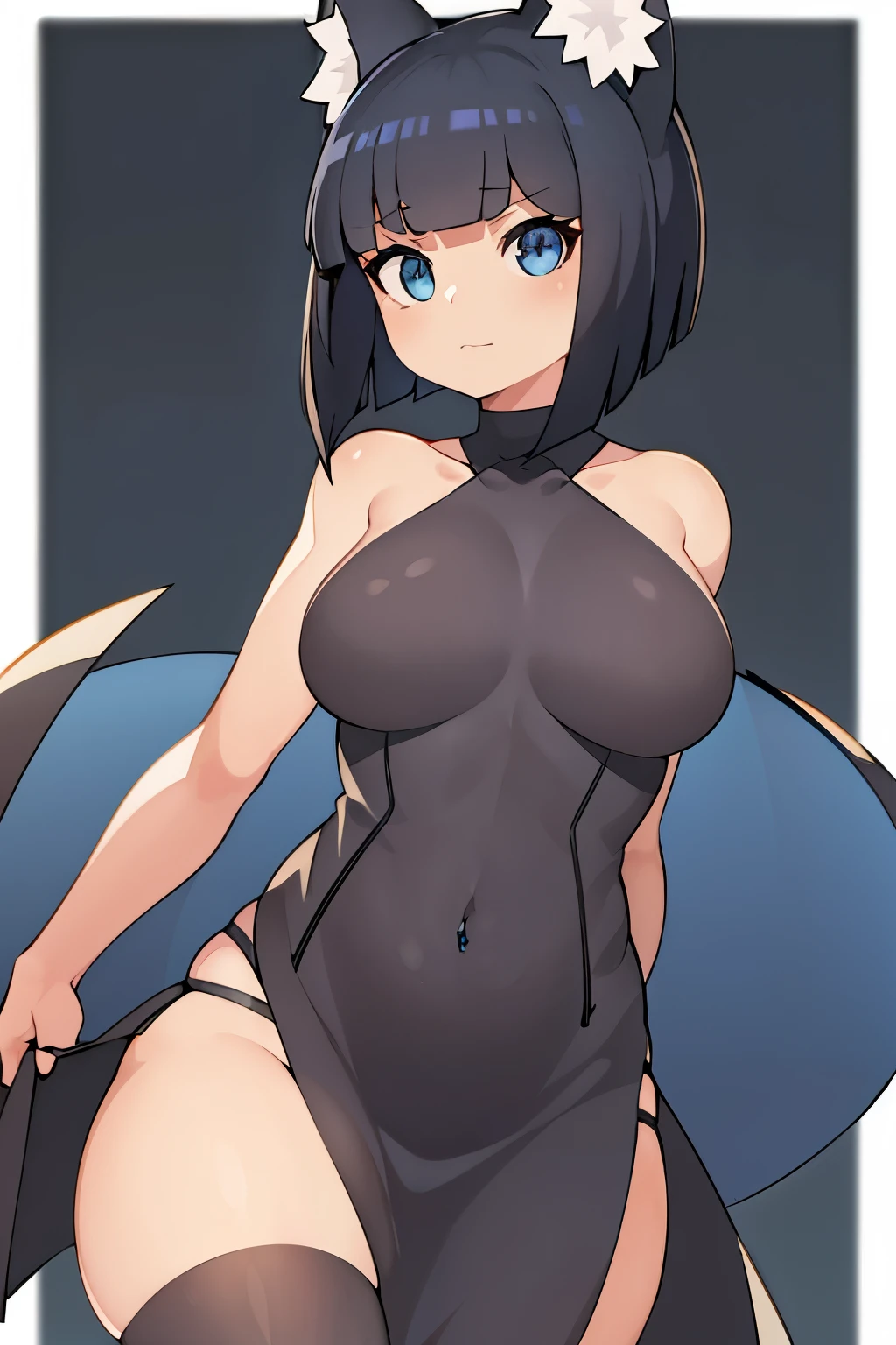 1 Girl, Striking Display, ((Best Quality)), captivating allure, mesmerizing gaze, blue eyes gleaming like sapphires, short bob with bangs, jet-black hair cascading down her shoulders, sleeveless dress revealing medium-sized breasts, dress strategically open to highlight her assets, gradient background with a gradient effect on her dress, thigh strap accentuating her toned thighs, no panties for an added allure, bare shoulders with pierced earrings in each lobe, breasts proudly apart, revealing her navel piercing and pelvic curtain, an extra pair of wolf ears peeking from her shoulder-length black hair, right hand adorn