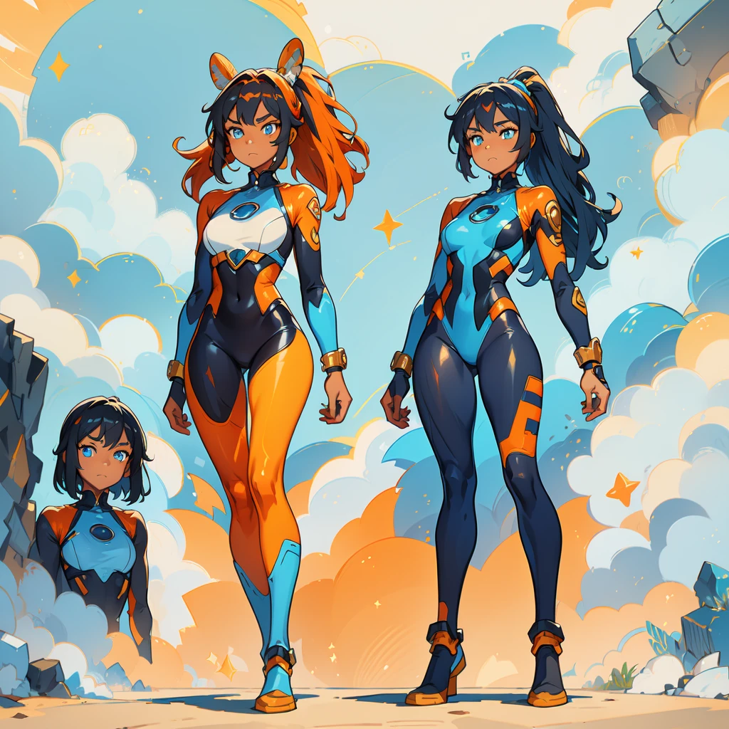 (((one caracter))), female, (((darkskin)))), Black hair with ponytail, clear blue eyes, Round glasses with a small dark lens, this lens being orange, and the Light Blue frame, (((Black metallic gauntlets and greaves with orange and silver highlights)), (((The clothes have a mix of modern and tribal)))), Having mainly black color,  but having orange pieces, Shoulders on display, On the Hip one Shorts extending to Half Thigh in black.