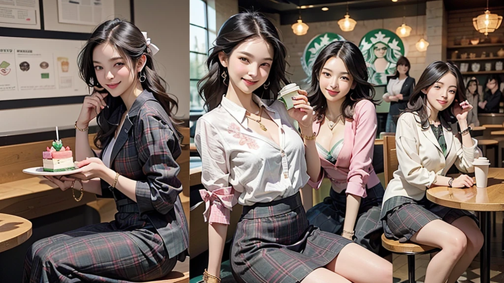 8K、RAW Photos、Highest quality、Super detailed、Super Resolution、Ultra HD、8K壁紙、Amazing details blazer uniform girl ((White blouse with formal collar, Pink Blazer,
Black plaid skirt, Red checkered ribbon on blouse)), Complete limbs, Full Finger,
(((((Inside the Starbucks store)))))、((16 year old female student))、(((((Eat cake、Drink coffee、smile)))))、(((Heart Necklace、Gold bracelet)))
(((Emphasize cleavage)))
((((Woman sitting at the window seat))))
(((Full body photo、The whole body is visible、Full body portrait)))
((((A black floral bra is visible))))