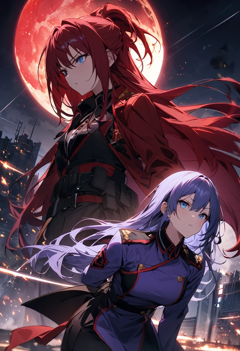 Facing forward girl Military uniforms with a white base and some black Spectacular Background A shooting star is falling Beautiful night view She is on the right On the left you can see the destroyed city. He has a gun 服にはplaneが描かれています 背景の上部にはFighterが飛んでいます Red Moon blue eyes There is one person Purple long hair wearing a military cap war I'm wearing pants Precision masterpiece girlにクローズアップ girlを正面から見ています ponytail long hair soldier battlefield {超Precision} Satanic She's angry But I'm angry Hanging eyes Anime Style {war} {Gunfight} {Fighterの擬人化} Fighter tank Battleship plane Thunder Day Mechanical Man 宇宙Battleshipヤマトの武装をつけています A dignified expression F-16Fighterの翼を背中につけています tankがいます I'm holding my eyes with my hands Crying Collapsed in front of the corpse