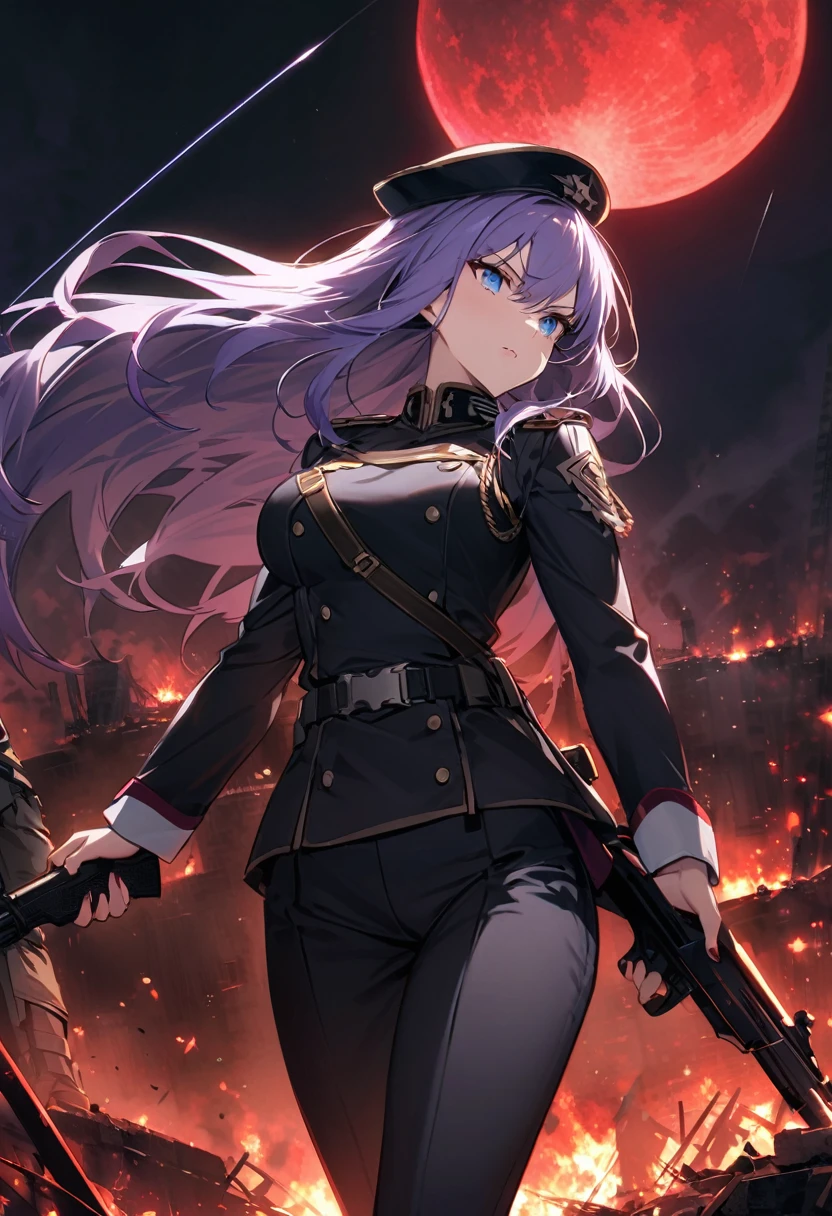 Facing forward　girl　Military uniforms with a white base and some black　Spectacular Background　A shooting star is falling　Beautiful night view　　　She is on the right　On the left you can see the destroyed city.　He has a gun　　　服にはplaneが描かれています　背景の上部にはFighterが飛んでいます　Red Moon　blue eyes　　There is one person　Purple long hair　wearing a military cap　war　I'm wearing pants　Precision　masterpiece　girlにクローズアップ　girlを正面から見ています　ponytail　long hair　soldier　battlefield　{超Precision} Satanic　She's angry　But I&#39;m angry　Hanging eyes　Anime Style　 {war} {Gunfight} {Fighterの擬人化} Fighter　tank　Battleship　plane　Thunder Day　Mechanical Man　宇宙Battleshipヤマトの武装をつけています　A dignified expression　F-16Fighterの翼を背中につけています　tankがいます　I&#39;m holding my eyes with my hands　Crying　Collapsed in front of the corpse