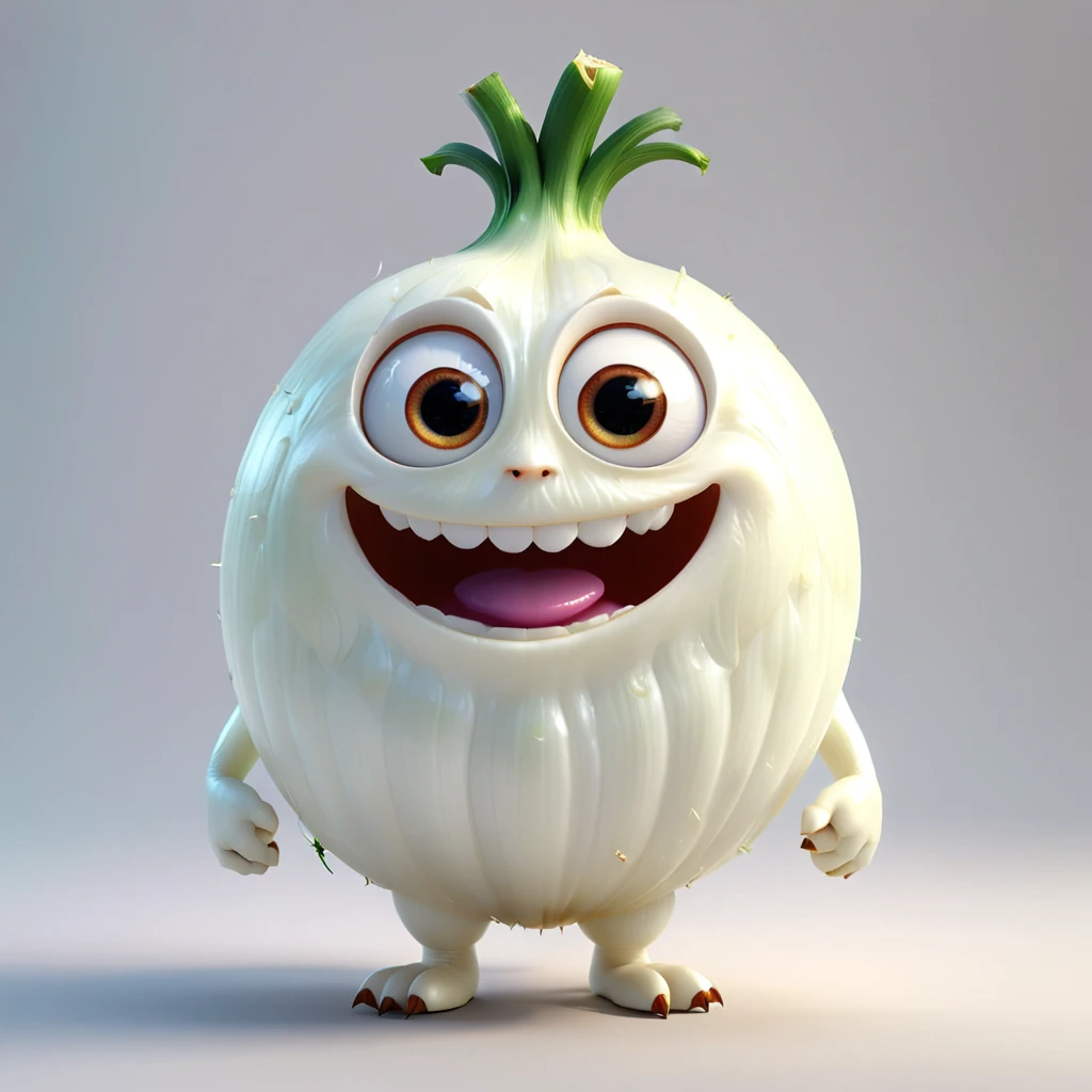 たまねぎ
A cute onion monster with big eyes and a round white body, happily smiling. The cartoon character is designed in the style of Pixar animation studio, created using C4D software. It has an adorable white color scheme and showcases a playful expression. --ar 1:1 --v 6.0 3D render