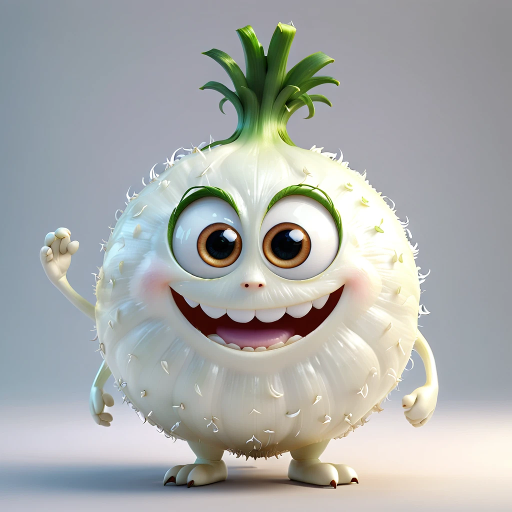 たまねぎ
A cute onion monster with big eyes and a round white body, happily smiling. The cartoon character is designed in the style of Pixar animation studio, created using C4D software. It has an adorable white color scheme and showcases a playful expression. --ar 1:1 --v 6.0 3D render