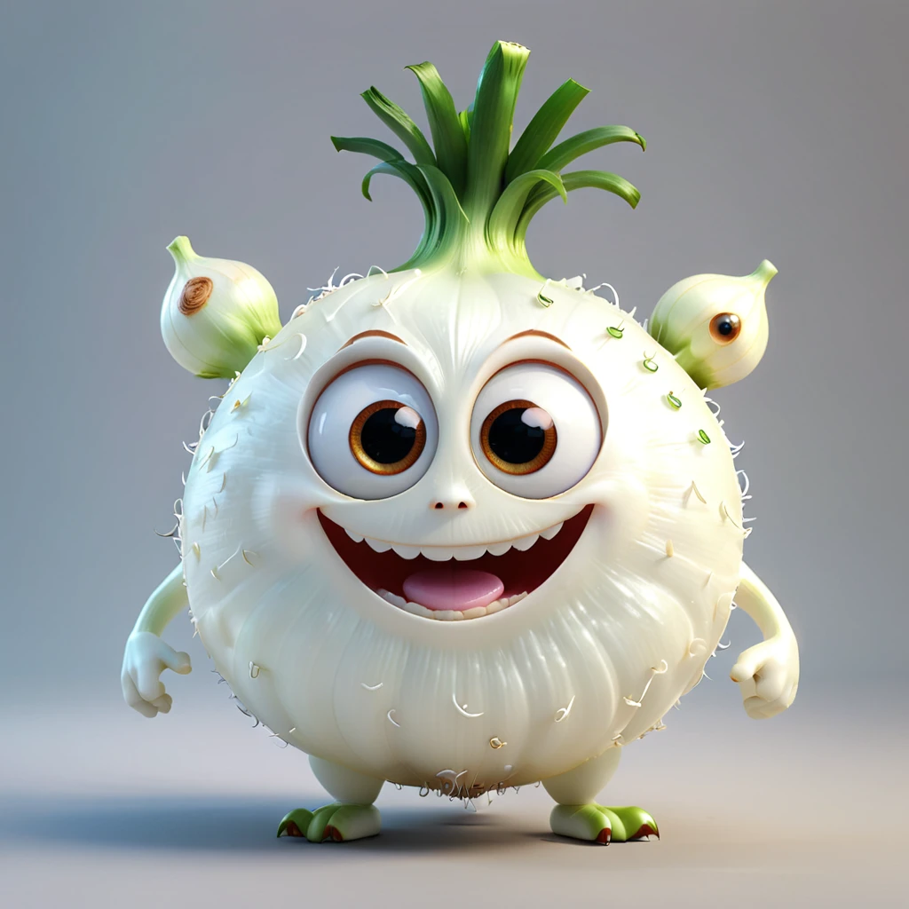 たまねぎ
A cute onion monster with big eyes and a round white body, happily smiling. The cartoon character is designed in the style of Pixar animation studio, created using C4D software. It has an adorable white color scheme and showcases a playful expression. --ar 1:1 --v 6.0 3D render