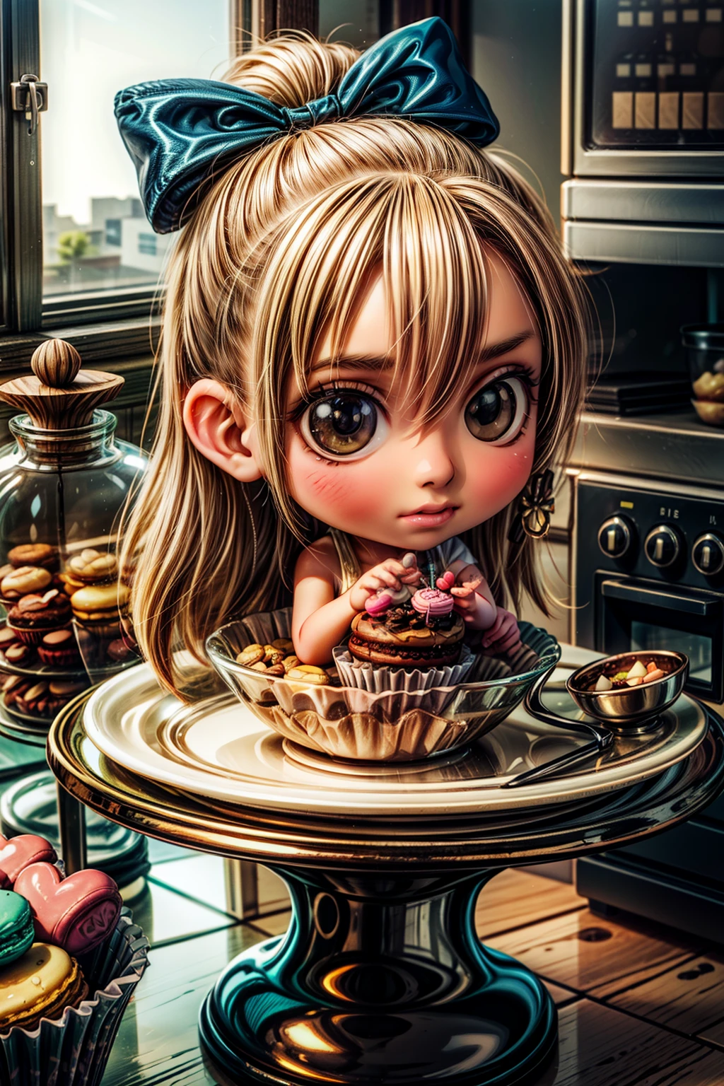 masterpiece, highly detailed, (chibi:1.3), , (1girl), blonde hair, pastel colors, cozy atmosphere, dessert display case, macarons, cupcakes, tarts, cakes, coffee machine, chalkboard menu, natural lighting, glass jars filled with candy, frosted window panes, decorative plates, whimsical decor, 
