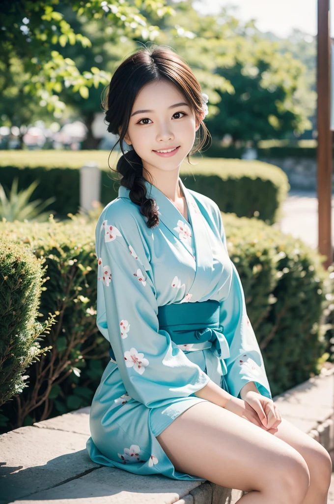 Pure Japanese yukata girl, wearing traditional yukata, natural hair styles, pure smile, refreshing in early summer morning sunlight, feeling soft breeze in hair, sitting and relaxing, little bit sexy mood, professional portrait photography, film photography, 35mm negative film,
