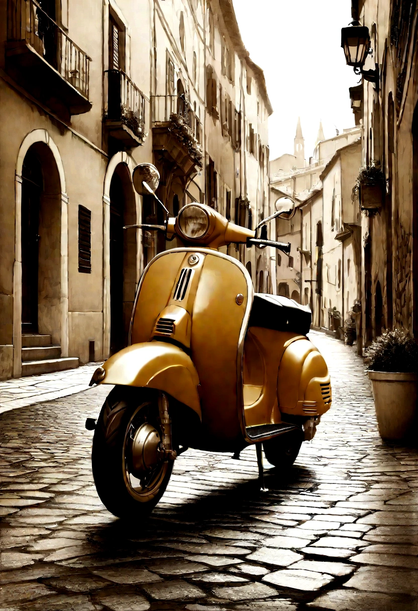 Italian Vespa scooter, elegantly parked on cobblestone street, Sepia Photo, ((realistic, masterpiece, Best Quality, 8K, high resolution:1.3)), photorealistic, (illustration:0.7), extremely fine, extremely detailed CG, Beautiful Vespa details, Old town in Italy, Nostalgic Scene,