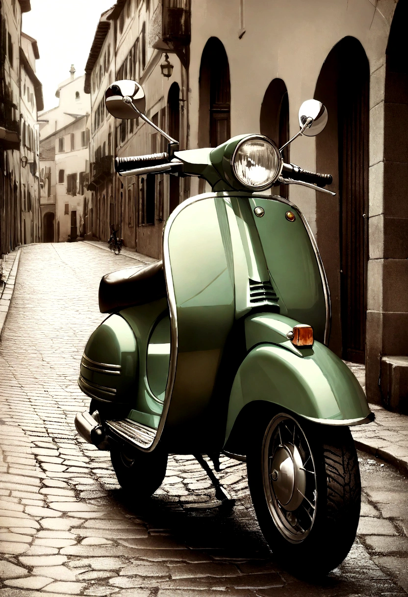 Italian Vespa scooter, elegantly parked on cobblestone street, Sepia Photo, ((realistic, masterpiece, Best Quality, 8K, high resolution:1.3)), photorealistic, (illustration:0.7), extremely fine, extremely detailed CG, Beautiful Vespa details, Old town in Italy, Nostalgic Scene,