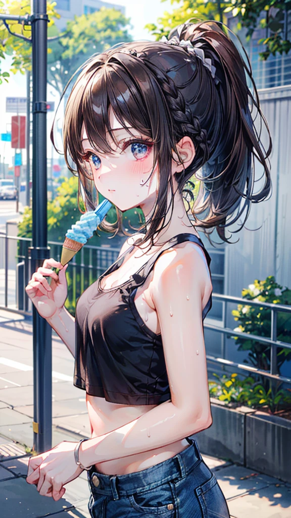 (masterpiece, Highest quality:1.5), (Super detailed, High resolution, 8K, Beautiful details, 超High resolution, Best Anatomy), Black Hair, Small breasts, 1 female, 20-year-old, Licking ice cream, Tank top