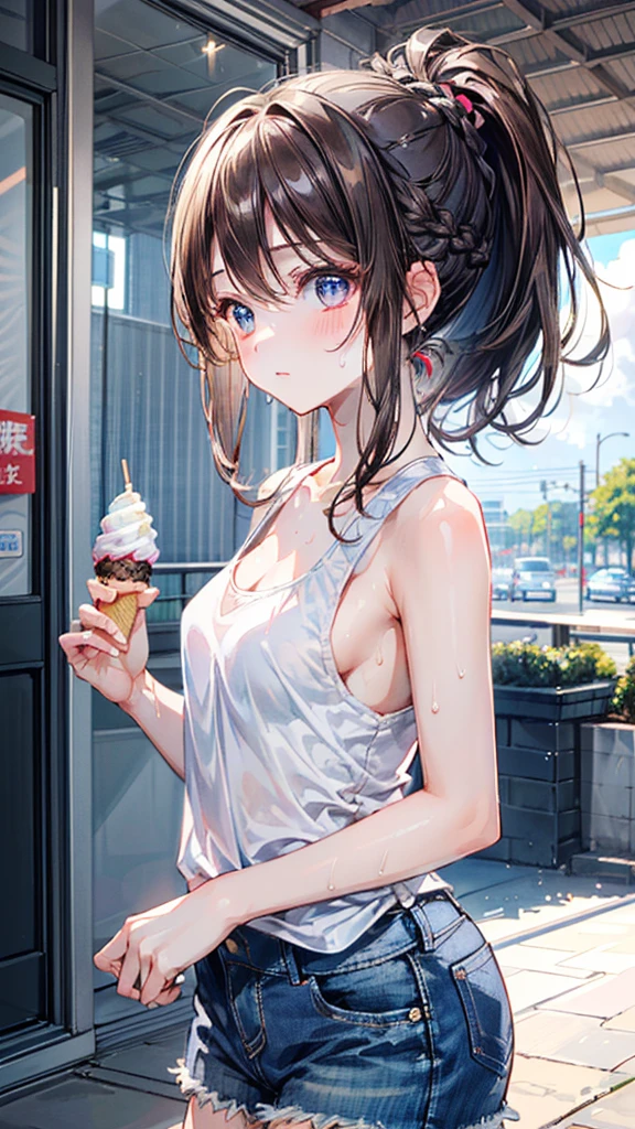 (Best quality, 8k, 32k, Masterpiece, UHD,:1.2),RAW, 1girl,ultra cute , natural lighting,transparent shining eyes, 20yo ,fair complexion, dark brown hair, french braid, flushed face,femur, medium hair, Tank top, short denim, ice cream, Sweat, ponytail, side view, washitsu