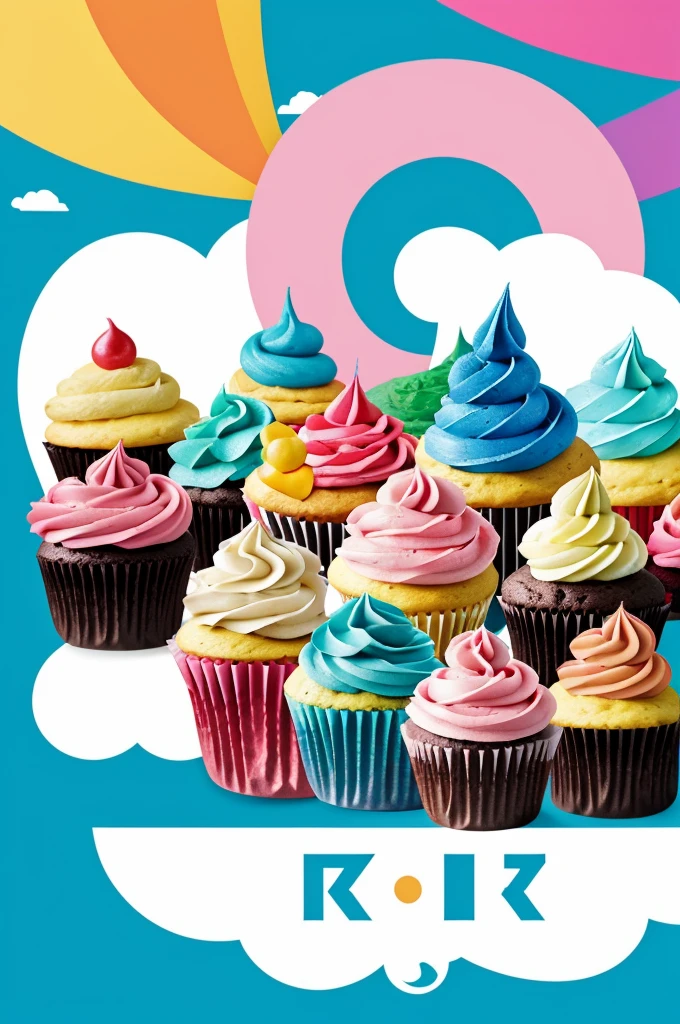 Logo for a company that sells cupcakes, make it elegant and colorful, with a background of clouds and rainbows all around with the letter R