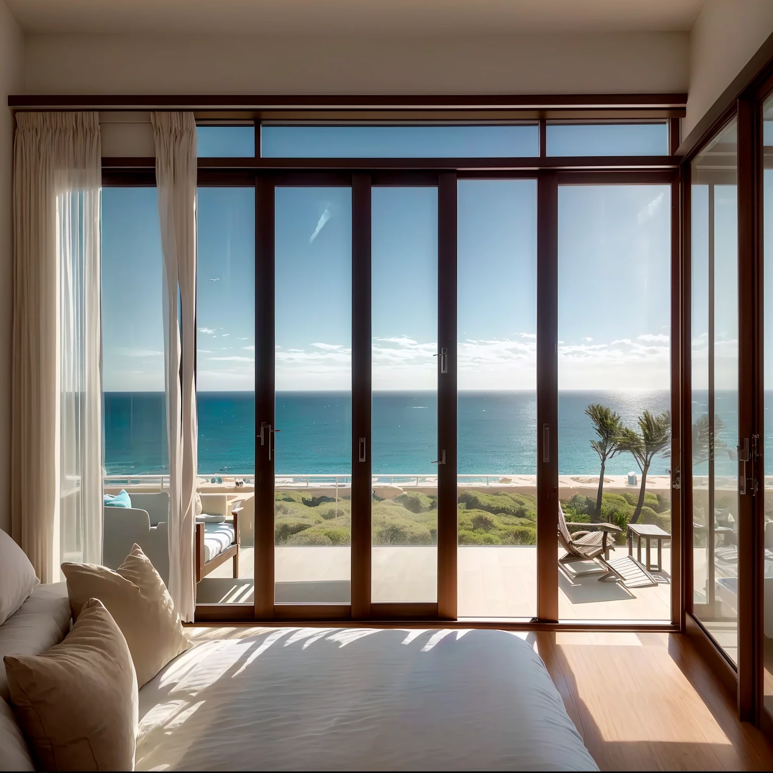 arafa view of a room with a bed and a large window, ocean views, viewed from the ocean, there is a window to the sea, by the sea, looking at the ocean, stunning vista, overlooking the ocean, Glass nesting doors, floor to ceiling windows, by the sea mansion, viewed from the ocean, overlooking the beach, stunning vista 8k