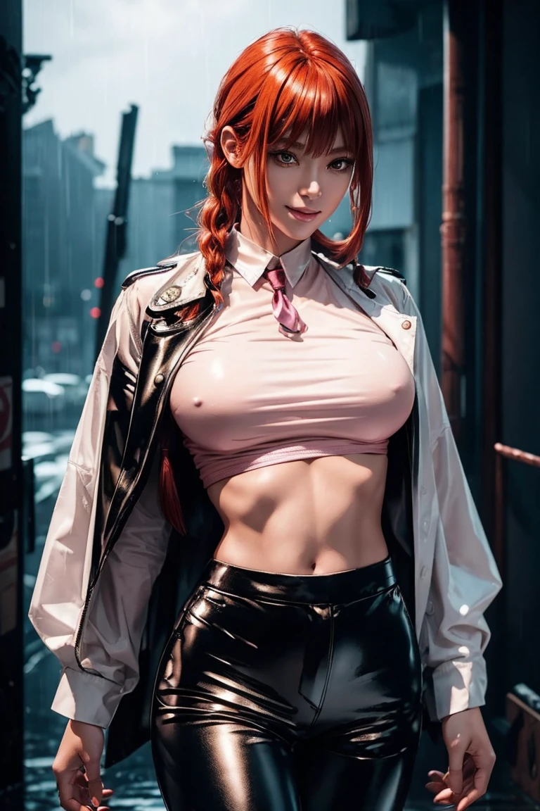 Chainsaw Man,Makima,With bangs,Red Hair,Braids at the back,Golden Eyes,White long sleeve shirt,Black tie,Black Leather Pants,Ultra HD,super high quality,masterpiece,Digital SLR,Photorealistic,Detailed details,Vivid details,Depicted in detail,A detailed face,Detailed details,Super Detail,Realistic skin texture,Anatomical basis,Perfect Anatomy,Anatomically correct hand,Anatomically correct fingers,Complex 3D rendering,Sexy pose,Rainy Sky,Beautiful scenery,Fantastic rainy sky,Picturesque,Pink Lips,smile,