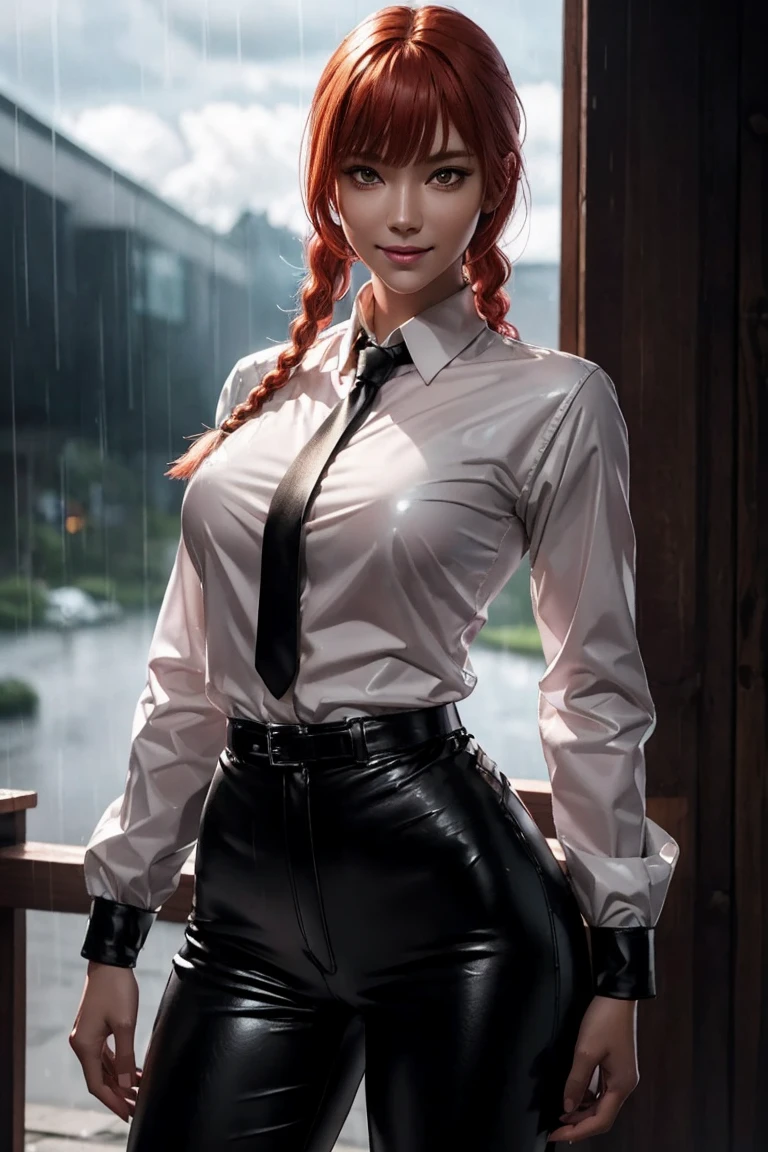Chainsaw Man,Makima,With bangs,Red Hair,Braids at the back,Golden Eyes,White long sleeve shirt,Black tie,Black Leather Pants,Ultra HD,super high quality,masterpiece,Digital SLR,Photorealistic,Detailed details,Vivid details,Depicted in detail,A detailed face,Detailed details,Super Detail,Realistic skin texture,Anatomical basis,Perfect Anatomy,Anatomically correct hand,Anatomically correct fingers,Complex 3D rendering,Sexy pose,Rainy Sky,Beautiful scenery,Fantastic rainy sky,Picturesque,Pink Lips,smile,