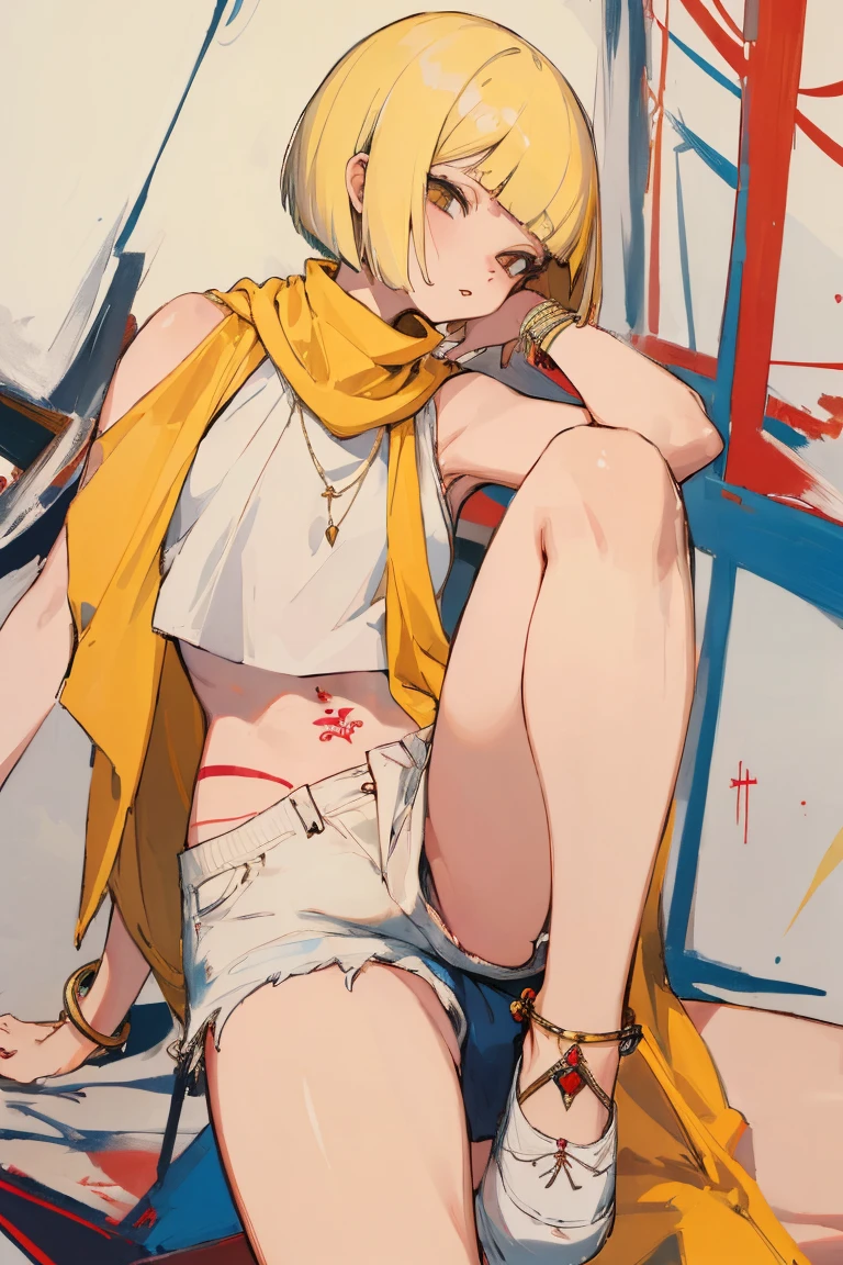 ((Highest quality)), ((masterpiece)), (be familiar with),nsfw,woman,Yellow Hair,Bobcut,Uterus tattoo,Sleeveless sweater,shawl,Shorts,anklet