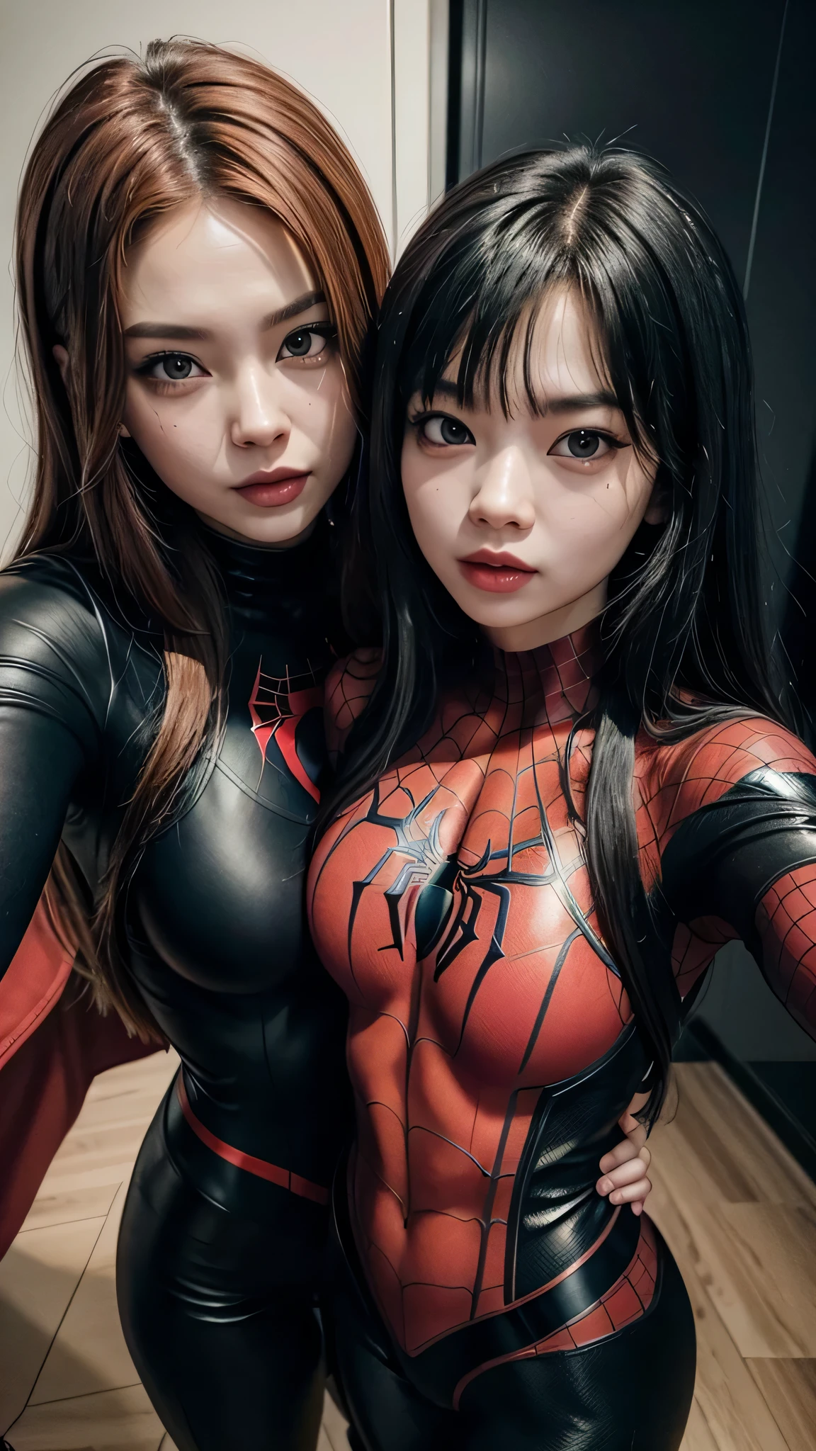 Lisa in a black spider-man outfit with Jennie in a red spider-woman outfit. Selfie. Lisa 1.80 and Jennie 1.60. Couple lesbian