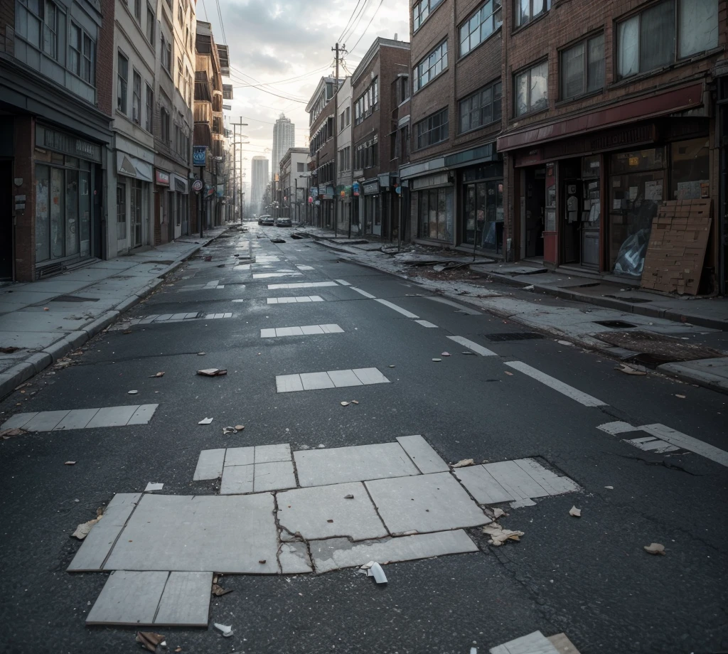 ((best qualityer)), (detailded), a central avenue in the center of the image, on the sides tall, modern buildings on the left and right, with some smaller and older houses. On the sidewalks, scattered urban trees, some dry leaves lying around. The avenue is deserted of vehicles, but light skinned zombies, with torn clothes and unkempt appearance, walk slowly down the street and sidewalks. Some zombies approach broken doors and windows of buildings and houses, conveying a climate of abandonment and desolation. The floor is covered in pieces of paper, urban trash and blood stains. The scene is illuminated by a diffused light, like a cloudy day, accentuating the somber mood.