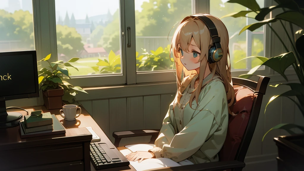Create an image of a beautiful girl seated by a window, focused at her desk with headphones on, typing on a PC. The scene should be in a gentle anime style, with an aspect ratio of 16:9. Capture a cozy atmosphere with soft lighting and include subtle details like books and plants in the background to enhance the setting.