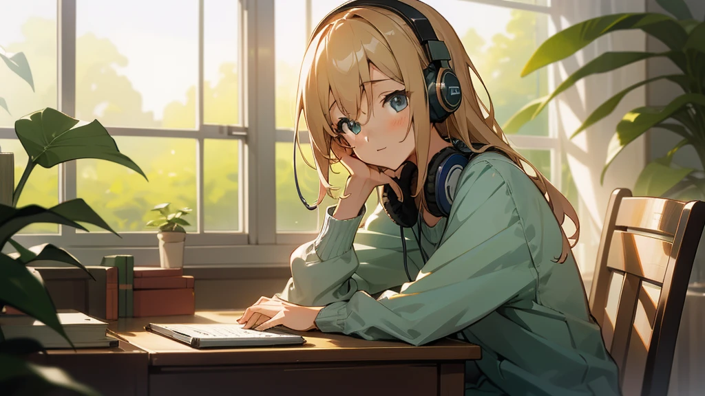 Create an image of a beautiful girl seated by a window, focused at her desk with headphones on, typing on a PC. The scene should be in a gentle anime style, with an aspect ratio of 16:9. Capture a cozy atmosphere with soft lighting and include subtle details like books and plants in the background to enhance the setting.