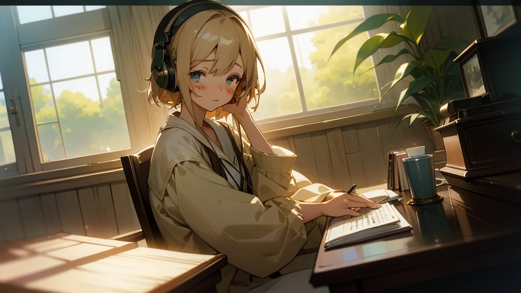 Create an image of a beautiful girl seated by a window, focused at her desk with headphones on, typing on a PC. The scene should be in a gentle anime style, with an aspect ratio of 16:9. Capture a cozy atmosphere with soft lighting and include subtle details like books and plants in the background to enhance the setting.