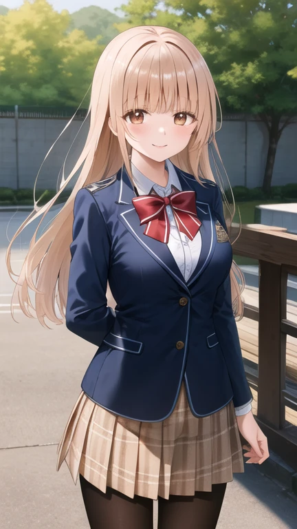 masterpiece, best quality, highres, aamahiru, long hair, red bowtie, blue jacket, blazer, long sleeves, plaid skirt, brown skirt, pantyhose, smile, standing, cowboy shot, outdoors