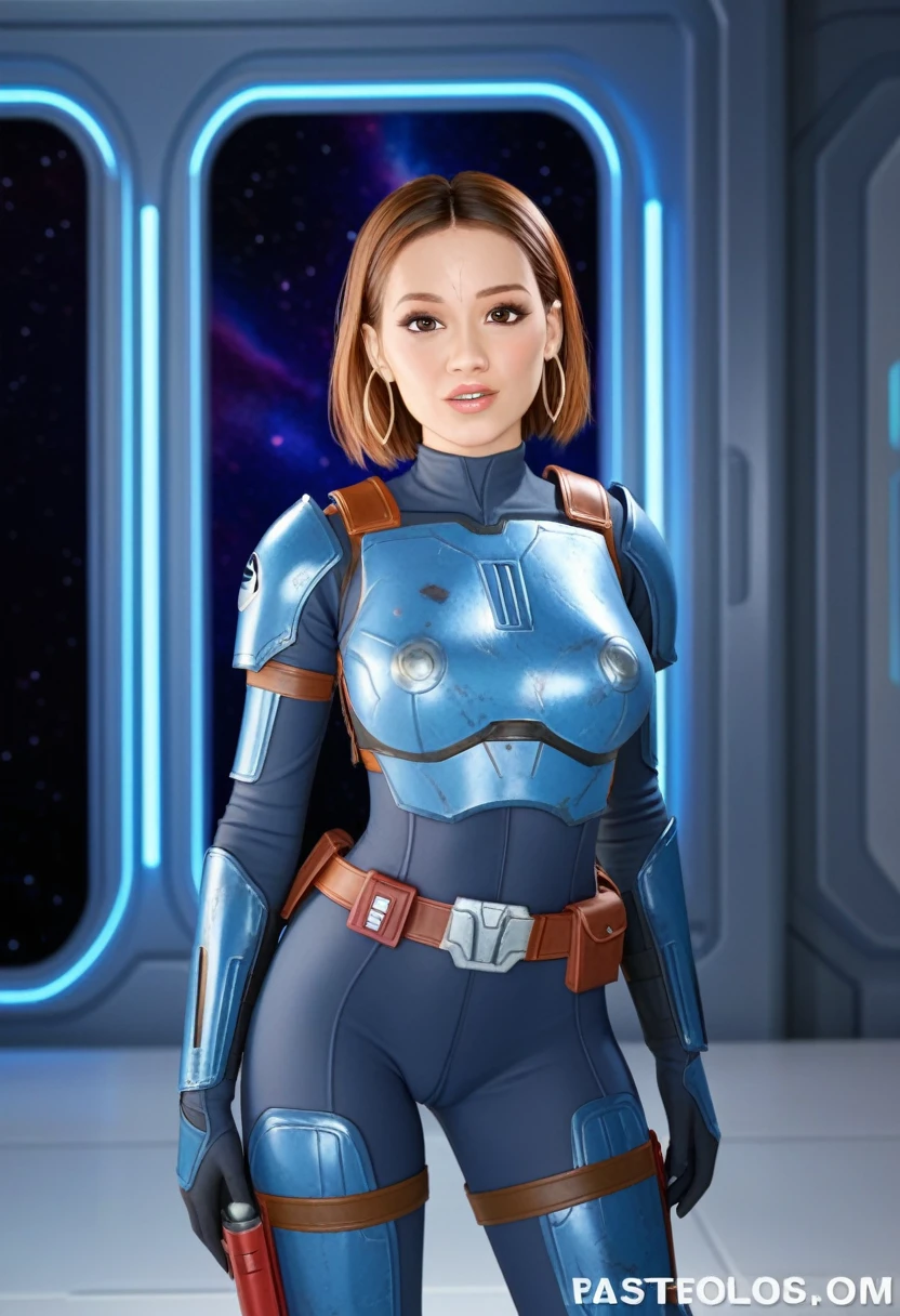 score_9_up, score_8_up, score_7_up, 1girl, solo, mature female, ((Bo Katan)), orange bob hair, brown eyes, pink lips, parted lips, fit slim body, (((blue and white Mandalorian armor suit, hoop on forehead))), (((Starship room, space in the porthole))), perfect model body, standing