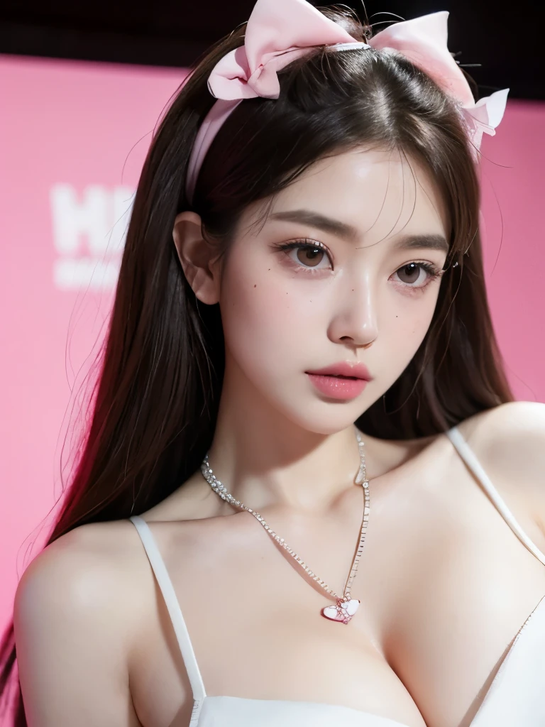 Kim Jennie with white brown hair, with curlers at the ends, with two bows on each side of the hair, all her white hair brown, with a star clip in her white brown hair, light colored eyes, beautiful eyes, crying eyes, beautiful, splash your nose, watery nose, beautifuls labios, pink lips, heart and cupid shaped lip, beautiful skin, pale, White skin, with moles and freckles all over his face, soft pink blush on cheeks, natural pink blush, soft pink makeup, Jennie, Nice neck, marked collar, frown, tender look, with a kiss necklace, a beautiful kiss necklace, similar a Yumeko Jabami, while wearing a transparent top, with brown miniskirt, while having a bare abdomen, Delgado, marked and beautiful, (big breasts, soft breasts, beautifuls pechos), while she cosplays the character Yumeko Jabami, The anime Kakegurui.., While he is with a good friend., looking to the camera