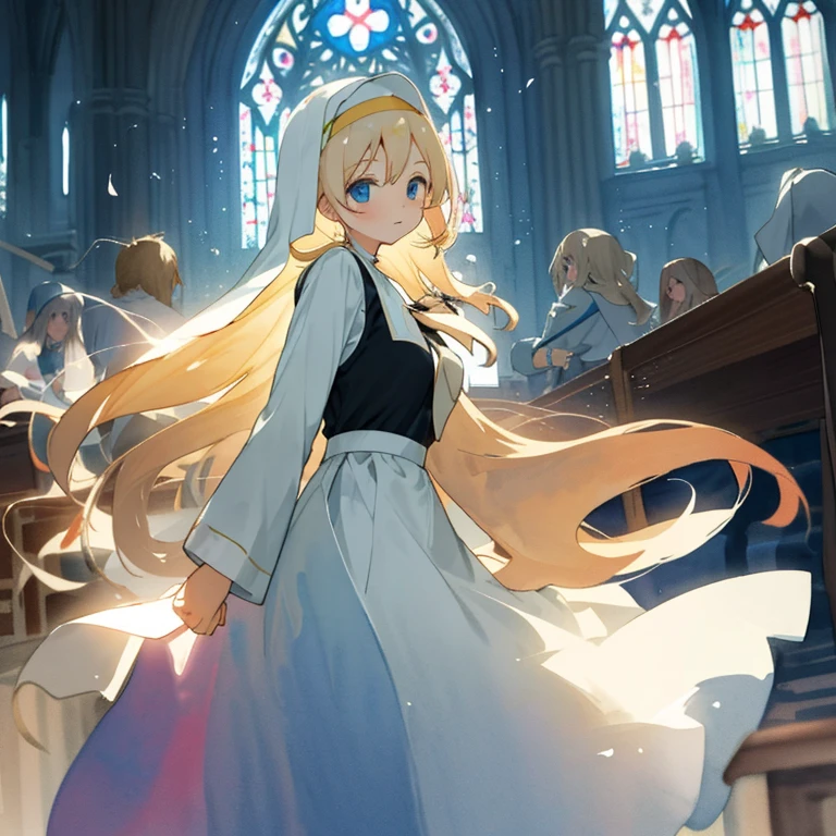 Watercolor、girl、10generation、breast enhancement、Overlooking、looking at the camera、Blue Eyes、Blonde、Long Hair、Swaying in the Wind、Inside the church、Beautiful light、Fantasy、Nuns