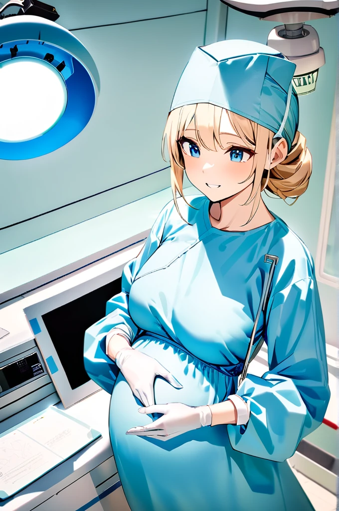 (RAW photo, best quality), 1girl, pregnant, long sleeve surgical outfit, surgical mask,  surgical gloves, surgical cap,  operating room, overhead surgical light, 
Caucasian, blue eyes, blonde hair, happy,