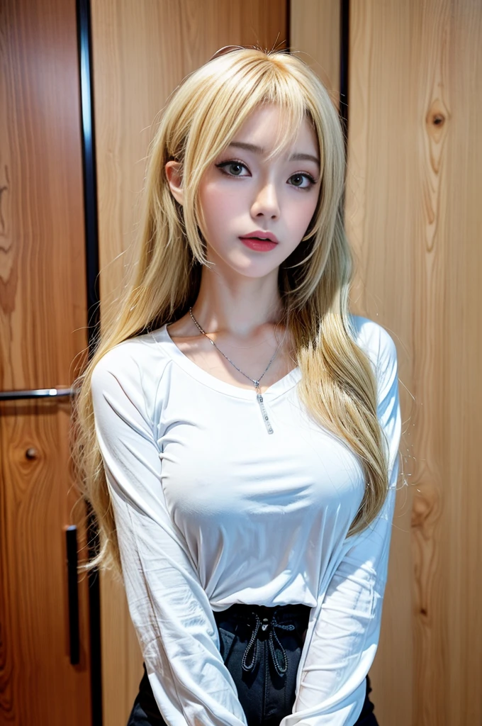 ((Full Body Angle))、((Front hair:1.3))、((highest quality, 8K, masterpiece: 1.3)), concentrated: 1.2, Cute girl 1,Nipples erect、 Perfect beauty: 1.4,Cut and sewn T-shirt Raglan sleeve summer short sleeve T-shirt.Shorts: 1.2,Long sleeve、Randall Color、comics&Text Graphics、Black ruffle-trimmed drawstring zip blouse,1.1, Highly detailed face and skin textures, Fine grain, double eyelid, whitening skin, ,highest quality,Ultra-high resolution,you,1 girl,alone,_Shiny_skin,Iris,necklace,((Blonde_Wavy_hair)),(lips)),eyelash,Front hair,deal with,compensate,Shiny,pore,skin texture,Large Breasts、Sad face、stroll、