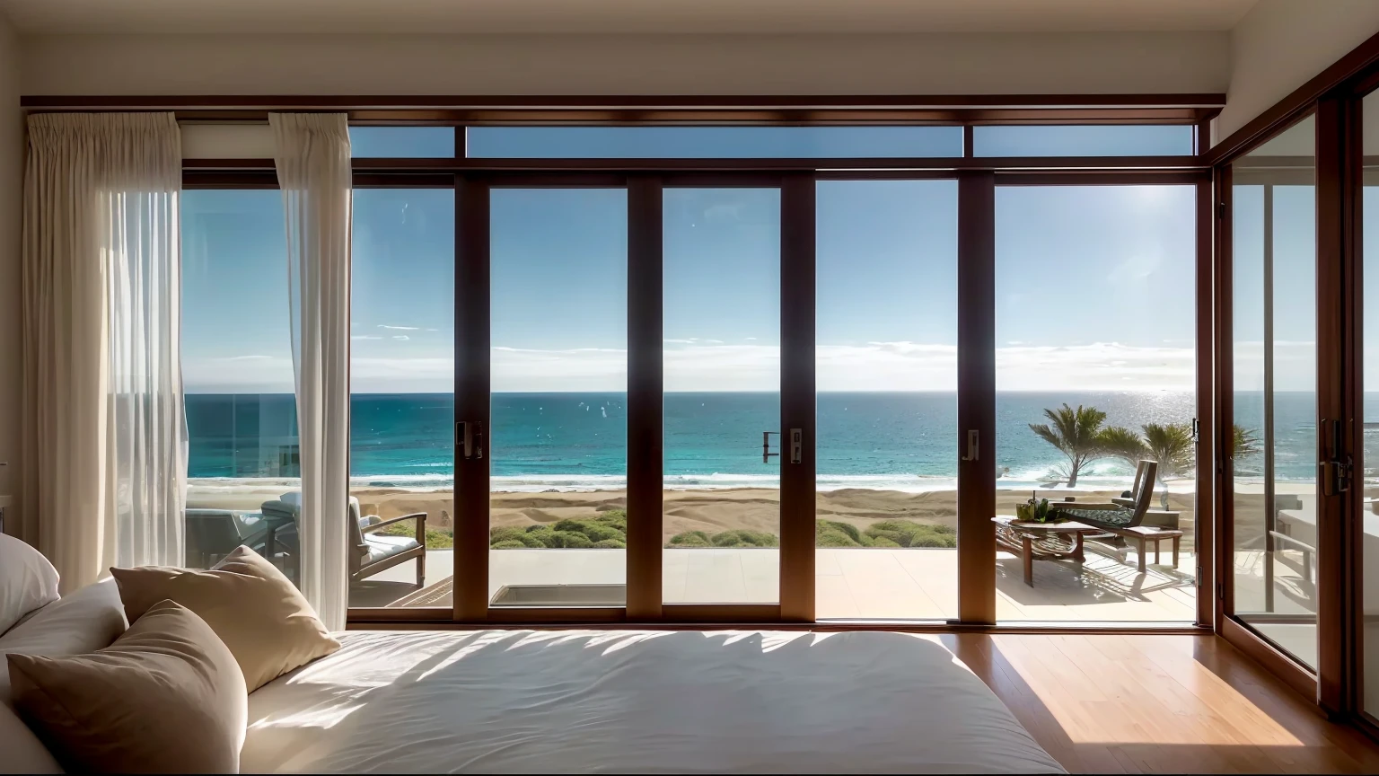 arafa view of a room with a bed and a large window, ocean views, viewed from the ocean, there is a window to the sea, by the sea, looking at the ocean, stunning vista, overlooking the ocean, Glass nesting doors, floor to ceiling windows, by the sea mansion, viewed from the ocean, overlooking the beach, stunning vista