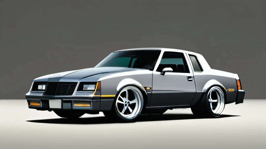  1986 Chevy monte carlo ss, pop art, cartoonish style ,detailed, illustration, slammed to the ground, large black staggered wheels, wide bodykit, masterpiece, highly detailed ((([simple grey background])))