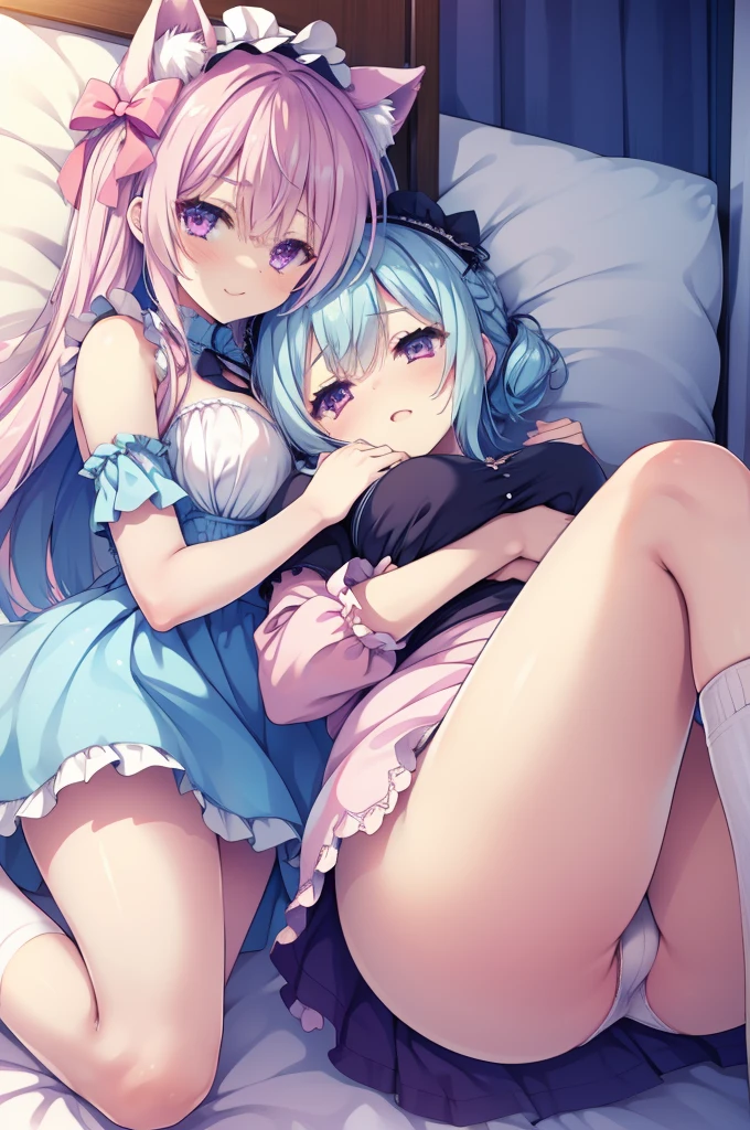 Browsing Caution,Two Girls,Lying down,((Raise both legs)),panties,Have sex,Light blue hair,Light pink hairstyles,Cat ear,Pink Eyes,light blue ta,White socks,,Pink ribbon,Laughing with your mouth open,Best image quality,Highest quality