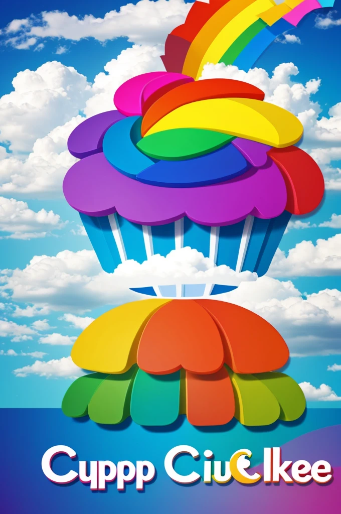 Elegant and colorful cupcake sales company logo, with background of clouds and rainbows everywhere, with the letters RAINBOW