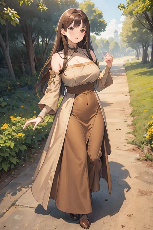 A straight haired brunette adult female standing on the ground, wearing loose brown plain dress with cuff sleeves, low neckline, medieval, brown hair, large long shaped tits, silly personalty, cute happy demeanor, sunny disposition, deredere,