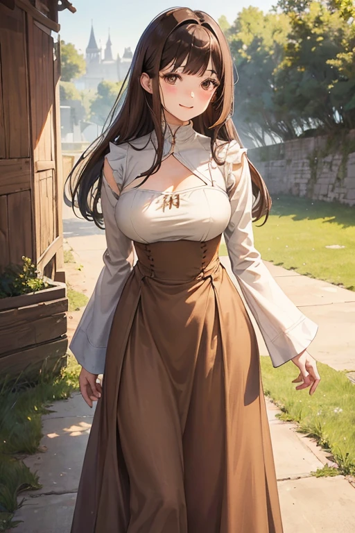 A straight haired brunette adult female standing on the ground, wearing loose brown plain dress with cuff sleeves, low neckline, medieval, brown hair, large long shaped tits, silly personalty, cute happy demeanor, sunny disposition, deredere,