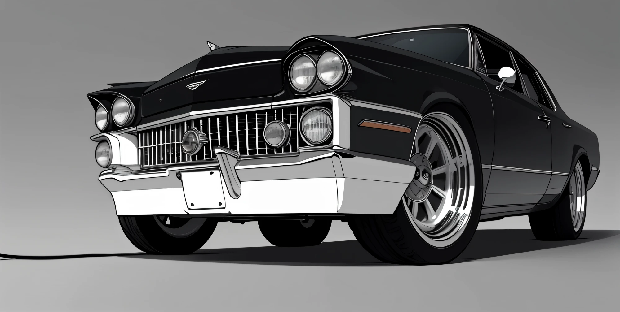 
Dark grey colored 1967 cadillac deville coupe, 2 door, pop art, cartoonish style , sketch, detailed illustration, large black wheels, wide bodykit, ((Slammed to the ground))  masterpiece, highly detailed ((([simple light grey background])))
