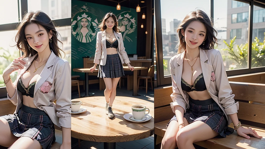 8K、RAW Photos、Highest quality、Super detailed、Super Resolution、Ultra HD、8K壁紙、Amazing details blazer uniform girl ((White blouse with formal collar, Pink Blazer,
Black plaid skirt, Red checkered ribbon on blouse)), Complete limbs, Full Finger,
(((((Inside the Starbucks store)))))、((16 year old female student))、(((((Eat cake、Drink coffee、smile)))))、(((Heart Necklace、Gold bracelet)))
(((Emphasize cleavage)))
((((Woman sitting at the window seat))))
(((Full body photo、The whole body is visible、Full body portrait)))
((((I can see the flower patterned bra))))