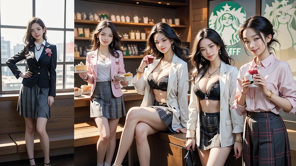 8K、RAW Photos、Highest quality、Super detailed、Super Resolution、Ultra HD、8K壁紙、Amazing details blazer uniform girl ((White blouse with formal collar, Pink Blazer,
Black plaid skirt, Red checkered ribbon on blouse)), Complete limbs, Full Finger,
(((((Inside the Starbucks store)))))、((16 year old female student))、(((((Eat cake、Drink coffee、smile)))))、(((Heart Necklace、Gold bracelet)))
(((Emphasize cleavage)))
((((Woman sitting at the window seat))))
(((Full body photo、The whole body is visible、Full body portrait)))
((((I can see the flower patterned bra))))