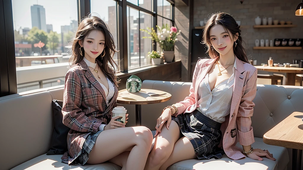 8K、RAW Photos、Highest quality、Super detailed、Super Resolution、Ultra HD、8K壁紙、Amazing details blazer uniform girl ((White blouse with formal collar, Pink Blazer,
Black plaid skirt, Red checkered ribbon on blouse)), Complete limbs, Full Finger,
(((((Inside the Starbucks store)))))、((16 year old female student))、(((((Eat cake、Drink coffee、smile)))))、(((Heart Necklace、Gold bracelet)))
(((Emphasize cleavage)))
((((Woman sitting at the window seat))))
(((Full body photo、The whole body is visible、Full body portrait)))
((((I can see the flower patterned bra))))